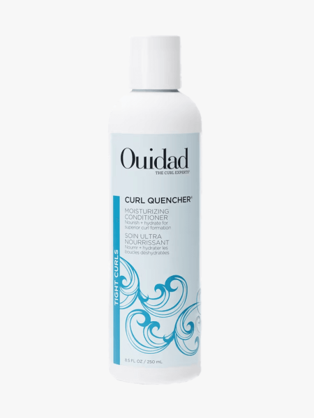 White bottle of Ouidad Curl Quencher Moisturizing Conditioner with light blue label on light gray background