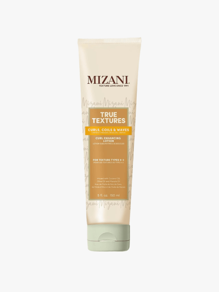 Mizani True Textures Curl Enhancing Lotion in branded tube component on a light gray background